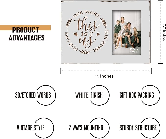 Buecasa White Rustic Engraved This Is Us Picture Frames 4x6 Inches Tabletop - Carving Housewarming Wedding Couples Romantic Gifts - Farmhouse Family Love Quotes New Home Decor