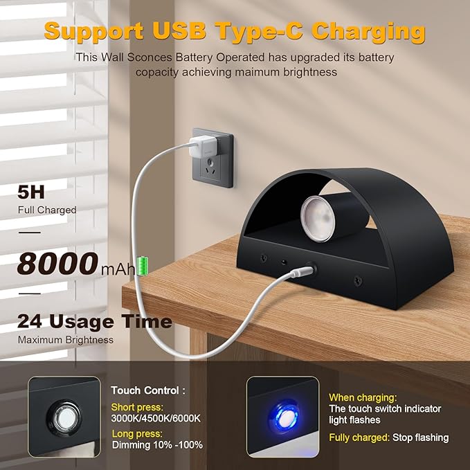 Battery Operated Wall Sconces Set of 4, Black Rechargeable Wireless Remote & Touch Control Wall Lamps, 3 Color Temperatures, Timer Cordless Dimmable Light for Bedroom, Living Room, Hallway