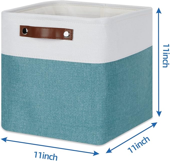 Temary 11 Inch Cube Storage Bins Cubes Storage Baskets 4 Pack Fabric Baskets for Gift Empty, Collapsable Fabric Storage Cubes Basket for Storage clothes, Teal Storage Bins for Shelves (White&Teal)
