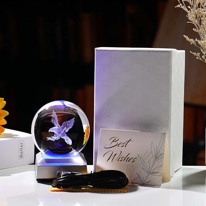 3.15"/ 8CM Crystal Ball 3D Engraved Eagle Gifts for Men Kids Glass Sphere with LED Colorful Base Ideas on Birthday Christmas Graduation for Him Home Decor Figurine