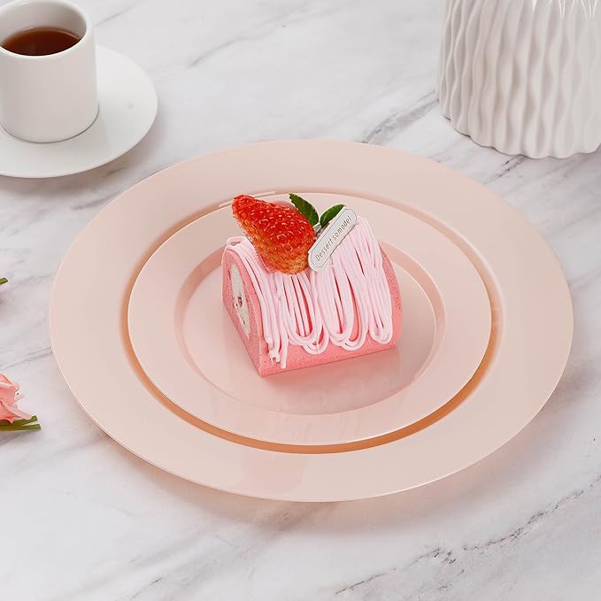 Goodluck 200PCS Disposable Pink Plastic Plates, Heavy Duty Disposable with 100 10.25 inch and 100 7.5 inch Dessert Plates for Party, Wedding, Baby Shower, Valentines
