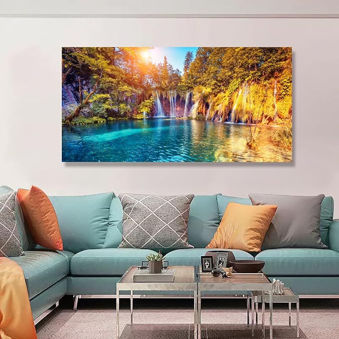 Lake Water Pictures Canvas Wall Art for Living room Bedroom Wall Decor,Waterfall Wall Art Print Paitnings for home Decor,Morden Artwork Sunset Tree Canvas Art Waterproof Stretched Ready to Hang 28x57"