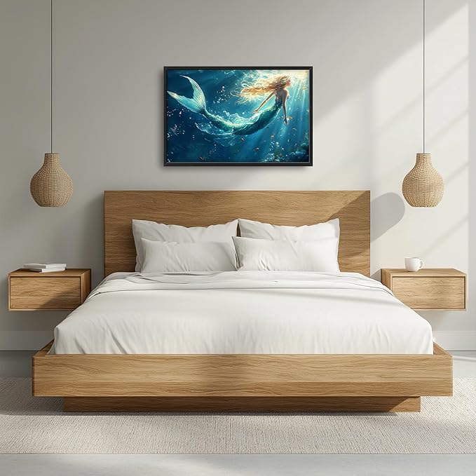 Framed Large Wall Art for Living Room, Beach Mermaid Canvas Wall Decor, Large Ocean Picture Framed Painting, Modern Artwork for Bedroom Office 36L'' × 24W''