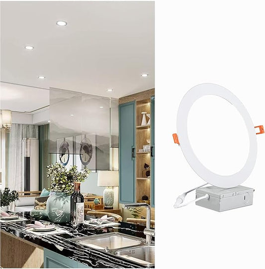 8 Inch LED Recessed Light with Junction Box, 1Pack Ultra Thin LED Recessed Lighting.6000K Daylight, No Dimmable,18W 8" Recessed Ceiling Canless Wafer Downlight.Slim Can-Killer Lights,CRI80+