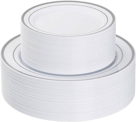 Goodluck 120PCS Silver Plastic Plates, Heavy Duty Disposable Silver Plates with 60 10.25 inch Dinner Plates and 60 7.5 inch Dessert Plates, Disposable Plates for Party, Holiday, Wedding