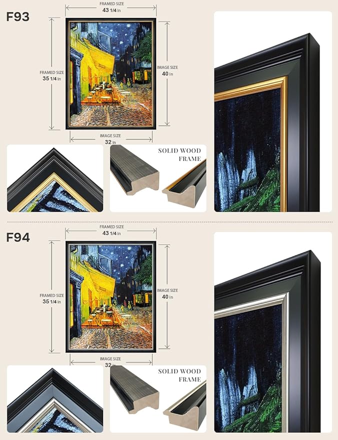 DECORARTS - Cafe Terrace At Night by Vincent Van Gogh Art Reproduction. Oversize Solid Wooden Frame Matching with Giclee Prints Canvas Wall Art. Total framed size: 43x35