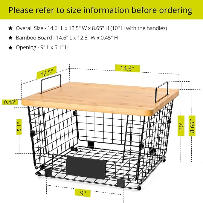 2 Set XXL Stackable Wire Basket with Bamboo Tops & Tag- Pantry Organizer and Storage Bins, Kitchen Counter Cabinet Shelf Countertop Under Sink Organizing, Food Snack Produce Onion Potato Bread Storage