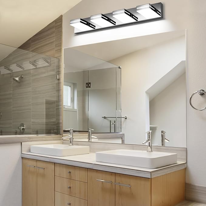 SineRise LED Modern Bathroom Vanity Light Fixtures (4-Light, 30-Inch, Dimmable), Chrome Modern Acrylic Bathroom Wall Lighting Fixtures Over Mirror (Cool White 6000K)