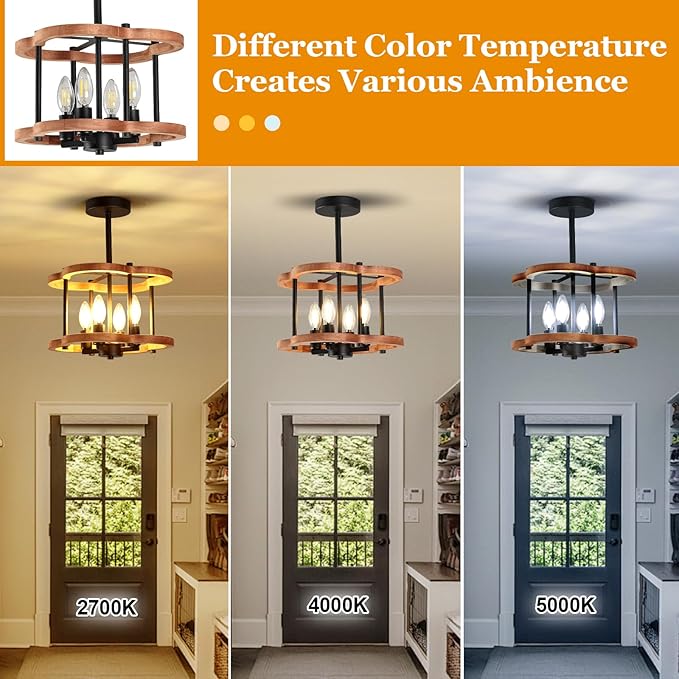 4-Light Rustic Semi Flush Mount Ceiling Light, 13" Farmhouse Wood Close to Ceiling Lighting with Black Metal Industrial Hallway Light Fixtures for Living Room Bedroom Dining Room Foyer Entryway
