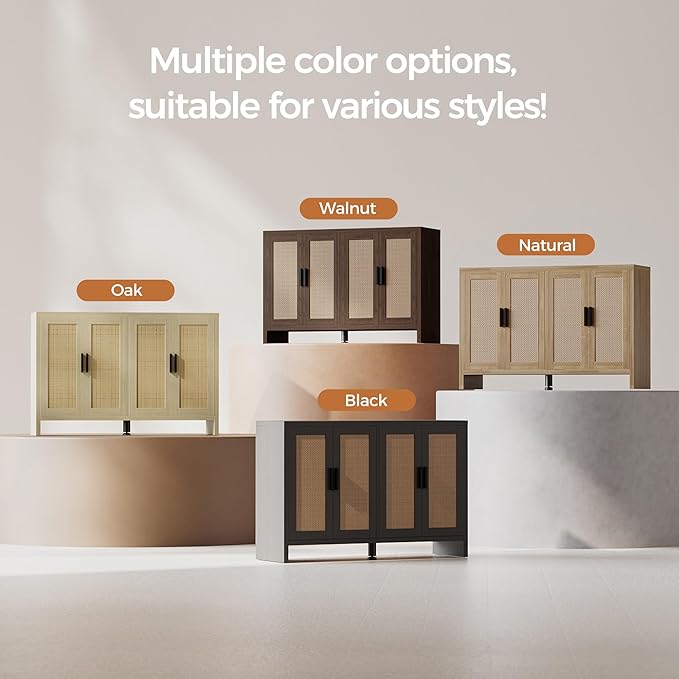 Rattan Buffet Cabinet with Storage, Sideboard Cabinet with Doors and Adjustable Shelves, Farmhouse Coffee Bar Station Table, Modern Wood Cupboard for Kitchen, Livingroom, Walnut