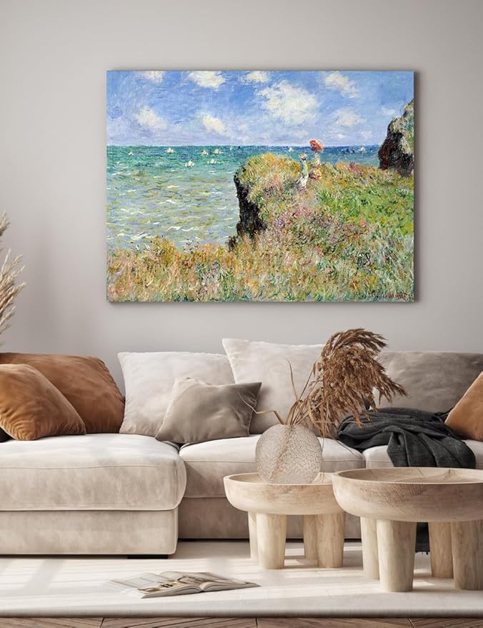 DECORARTS - The Cliff Walk at Pourville by Claude Monet, Museum-Quality Giclee Canvas Print, Wall Art Reproduction, 40" W x 30" H, Made in USA