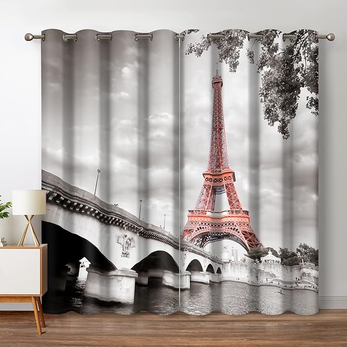 Jekeno Paris Eiffel Tower Blackout Curtains Landmark Picture of Famous Place Cityscape Scene Decor for Home Bedroom Living Room Grommet Window Drapes 2 Panel Set, 52"x84"