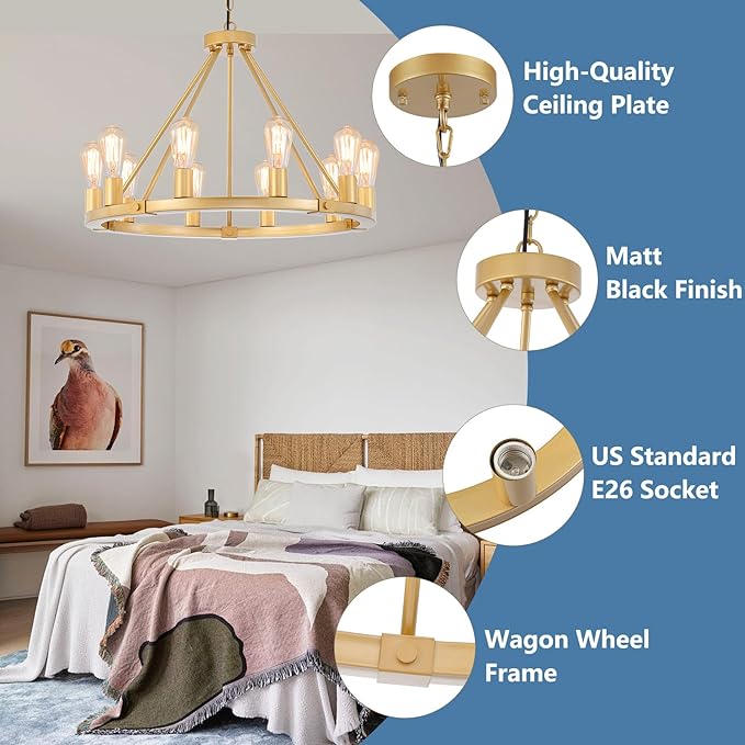9MMML Gold Wagon Wheel Chandelier, 10-Light Industrial Pendant Light, 26.7'' Farmhouse Ceiling Hanging Chandelier Light Fixture for Living Room, Bedroom, Entryway, Foyer