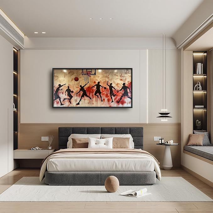 Flintis Large Basketball Sports Framed Wall Art Basketball Players Pictures Wall Decor Abstract Graffiti Canvas Painting Print Artworks Framed for Living Room Bathroom Master Bedroom 60L X 30W