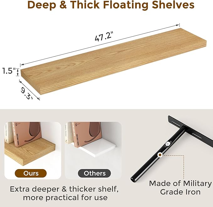 48 Inch Floating Shelves, 9.3 Inch Deep Floating Shelf for Wall, Rustic Wood Wall Shelves 48 x 9.3 x 1.5, Large Bathroom Shelf 48 Inch Long, Deep Shelves for Kitchen, Bedroom, Living Room, Oak Color