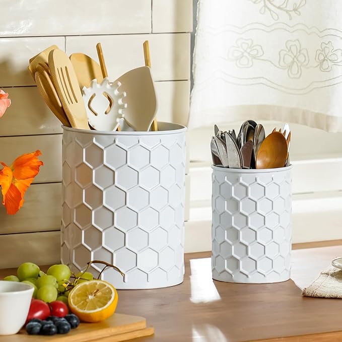 2 Pack Metal Utensil Holder for Kitchen Counter, 7.3"+5.4" Large Cooking Utensil Organizer Honeycomb Pattern Embossed Utensil Caddy for Party Cutlery Tool Holder Storage, White