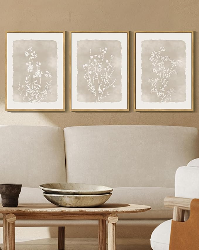 KUVIOKE Boho Botanical Flower Wall Art Framed Vintage Floral Wall Prints Wildflower Neutral Rustic Bohemain Artwork Kitchen Bedroom Decor 12x16in (Natural Framed)
