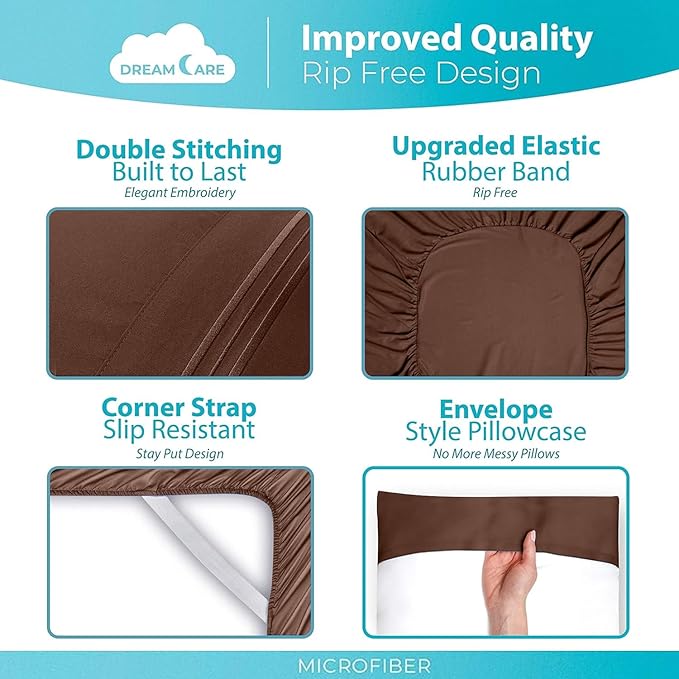 DREAMCARE Full Size Sheets Set - 6 Pcs Deep Pocket Cooling Bed Sheets - Soft, Long Lasting 100% Brushed Microfiber with Side Pocket (Mocha Brown, Full)