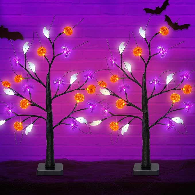 Halloween Decorations Indoor, 2-Pack 2FT Lighted Black Halloween Tree with 48 LED Pumpkin Bat Ghost Lights, Timer Function Battery Operated & USB Powered Spooky Tree Lights for Tabletop Home Party