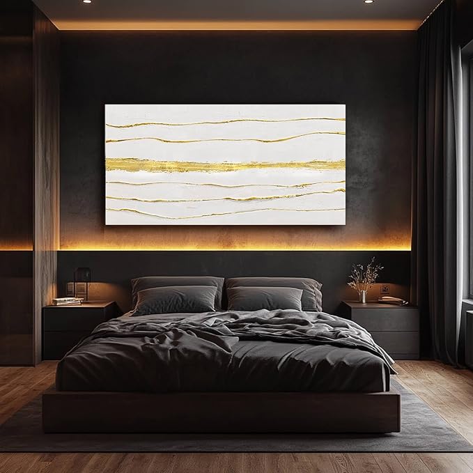 White Canvas Wall Art Abstract Line Prints Living Room Wall Decorations Gold Foil Painting Large Framed Wall Decor for Bedroom Hotel 29x58 Inch