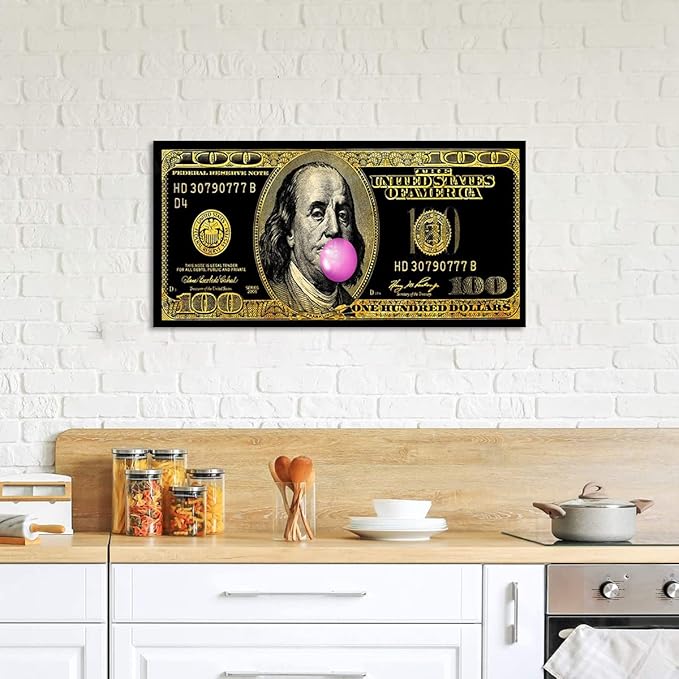 Black Golden Inspirational Office Canvas Art Benjamin Franklin 100 USD Dollar Funny Pop Wall Art Abstract Creative Money Artwork Gift Choice for Men Workplace Gym Decor Framed Easy to Hang-40 Wx20 H