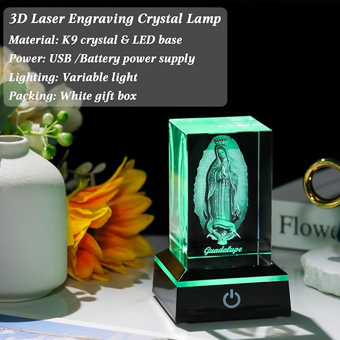 Movdyka 3D Virgen De Guadalupe Statues Decorations Religious Gifts for Women Laser Etched Crystal Our Lady of Guadalupe The Blessed Virgin Mary Glass Statues with Colorful LED Base
