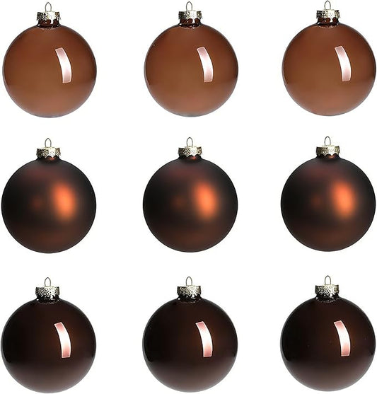 Brown Glass Christmas Ball Ornaments, 3.15" Christmas Hanging Ornament for Tree Set of 9 with 3 Different Finishes, Xmas Baubles for Holiday Xmas Party Tree Decorations Gift
