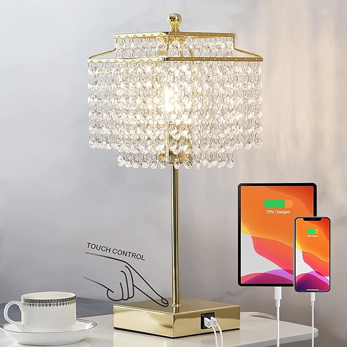 Luvkczc Set of 2 USB Bedside Crystal Table Lamp Gold, Touch Control Lamp, 3-Way Dimmable Lamp with Crystal Shade for Bedroom, Living Room, 6W LED Bulb Included