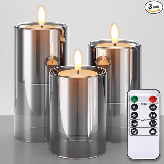 NURADA Flameless Candles with Remote Timer - Glass Real Wax 3D Wick LED Pillar Votive Candle Set Battery Operated Flickering Light for Home Christmas Decoration -Grey 3 Pack