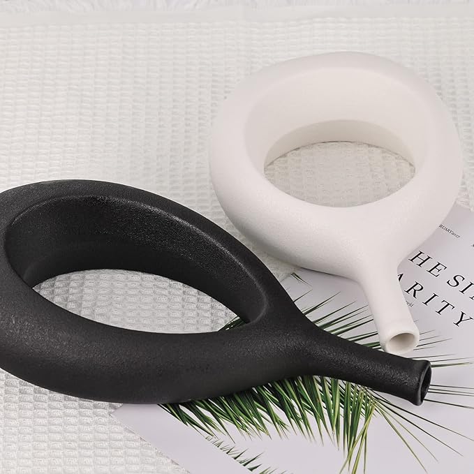 Black and White Ceramic Hollow Elliptical Vase Set of 2 - Boho Circle Vase with Hole, for Modern Black and White Table Decor, Living Room Decor Shelf mid Century Modern Home Entrance Decorative vase