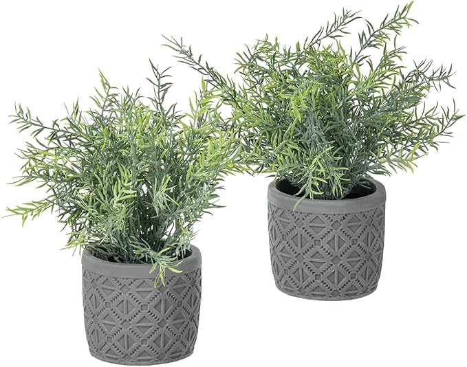MyGift Set of 2 Artificial Green Plant in Modern Gray Concrete Pots with Geometric Embossed Pattern, Faux Greenery Indoor Houseplants Potted in Decorative Round Planters