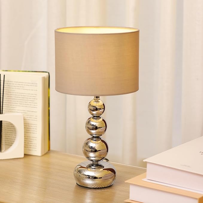 Small Modern Bedside Table Lamp, 7 x 7 x 13 Inch Farmhouse Table Lamps, Silver Metal Ball Table Lamp for Living Room Bedrooms and Office (Silver-Grey Fabric Lampshade)