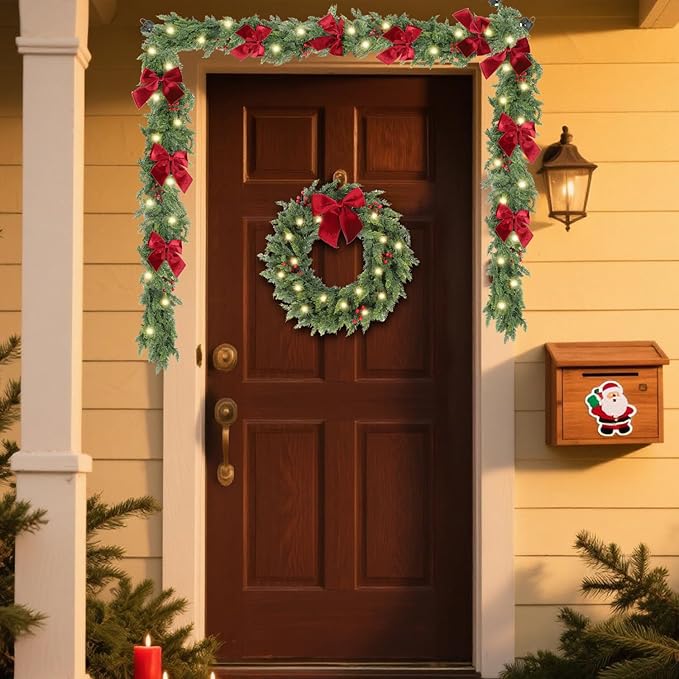9ft Christmas Garland with Lights,Lighted Cedar Garland for Mantle,Prelit Real Touch Artificial Green Christmas Winter Garland with Large Burgundy Velvet Bow for Indoor Outdoor Decor