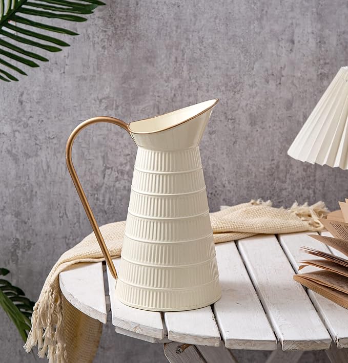 Elegant Cream/White Metal Pitcher Vase, Farmhouse Galvanized Flower Vase, Rustic Decorative Milk Jug for Home Decor, 10.8''H