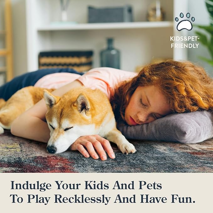 Lahome Modern Abstract Area Rug - 3x5 Washable Bedroom Rug Soft Throw Entry Mat Non-Slip, Contemporary Faux Wool Stain Resistant Floor Carpet for Living Room Kitchen Chair Door,Red/Multi