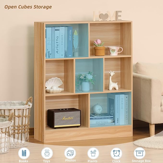 LEYAOYAO 7 Cube Bookshelf with Base,3 Tier Mid-Century Modern Natural Bookcase,Standing Wide Bookshelves Storage Organizer Shelf,Rustic Wood Display Cabinet Book Shelves for Bedroom,Living Room,Office