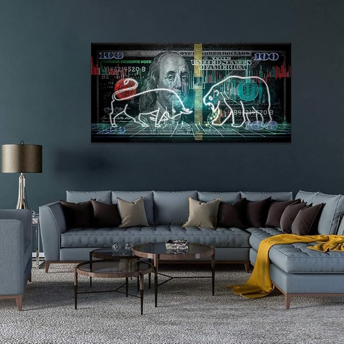 Large Size Stock Market Bull VS Bear Artwork Paintings Motivational 100 Dollar Money Benjamin Franklin Canvas Wall Art Stretched and Framed Ready to Hang-48x24 inches