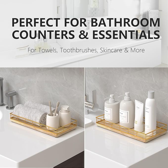 Toilet Paper Basket Organizer – Oak Wood Toilet Tank Tray with Metal Frame, Back of Tank or Top Bathroom Counter Storage – Gold & Oak Modern Decor