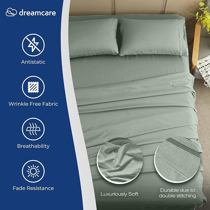 DREAMCARE Twin XL Sheets Set - 4 Pcs Cooling Bed Sheets with Up to 15" Deep Pockets - Soft, Long-Lasting 100% Brushed Polyester with Side Pocket (Sage Green)