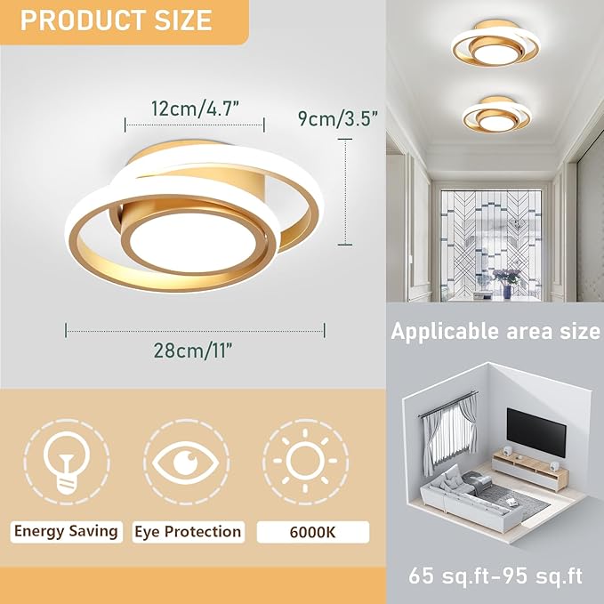 CANEOE Small Modern LED Ceiling Light, Gold Round Hallway Light Fixtures Ceilings, Indoor Ceiling Lamp Fixtures for Hallway Living Room Bedroom Kitchen Office Lighting Fixture