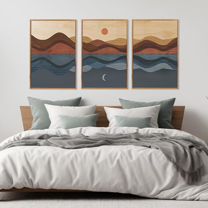 CHDITB Coastal Sunset Framed Canvas Wall Art Set, Nature Inspired Wall Decor, Mountain and Sea Artwork Spiritual Painting, Vintage Art Prints for Living Room, Bedroom, Office 24"x36"x3