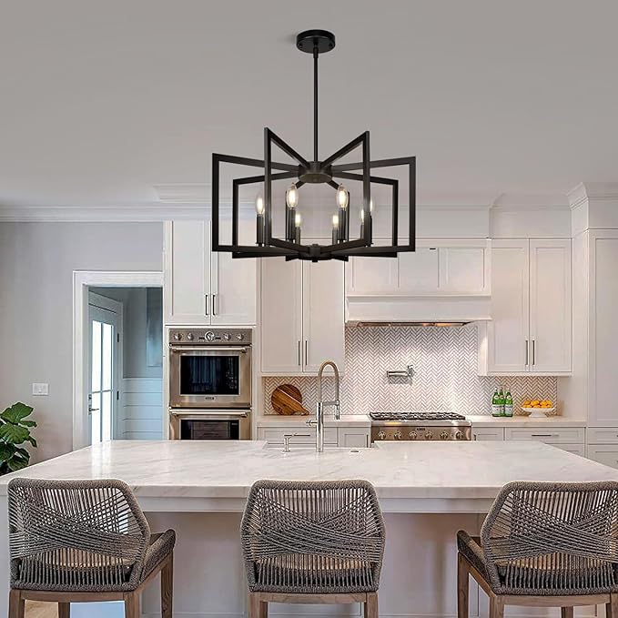 8-Light Large Black Chandelier,Dining Room Light Fixture Geometric Metal Modern Chandelier,Hanging Industrial Metal Chandelier for Kitchen Island Entryway Stairway Foyer Hallway.