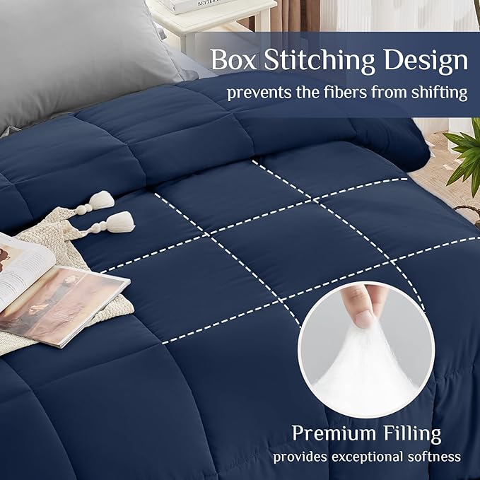 JOLLYVOGUE King Comforter Set, Ultra-Soft Bed in a Bag King Size 7 Pieces, Oeko-TEX Certified Bedding Set with Down Alternative Comforter, Sheets, Pillowcases & Shams, Navy Blue & Light Grey