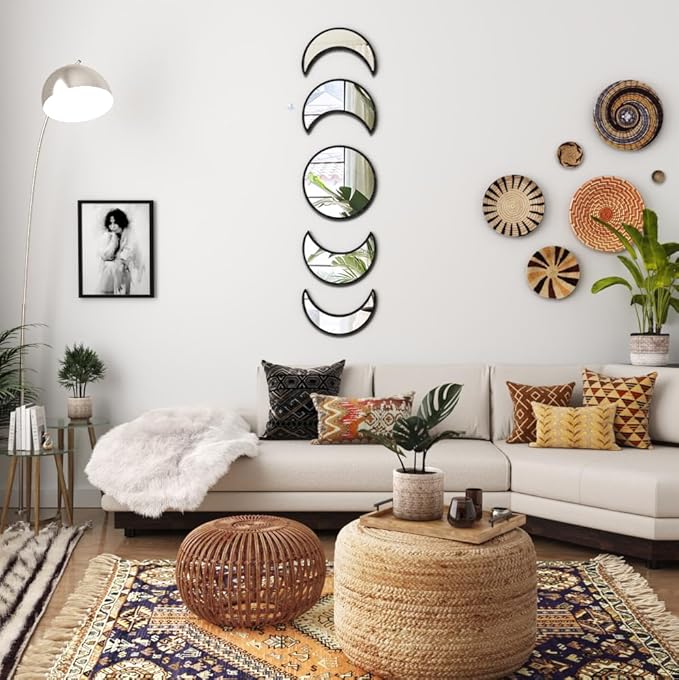 Stylish Moon Phase Wall Mirrors Set – 5-Piece Decorative Acrylic Bohemian Mirrors for Home Decor, Living Room & Bedroom Room(Black)