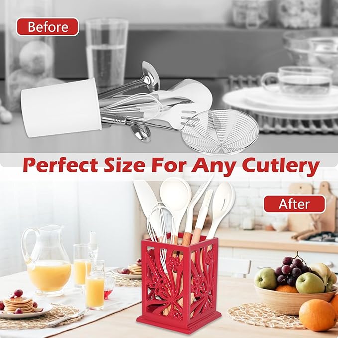Kitchen Utensil Holder for Countertop Vintage Cast Iron Metal Utensil Storage Spatula Holder for Kitchen Counter with Hollowed-out Daffodil Pattern, Red