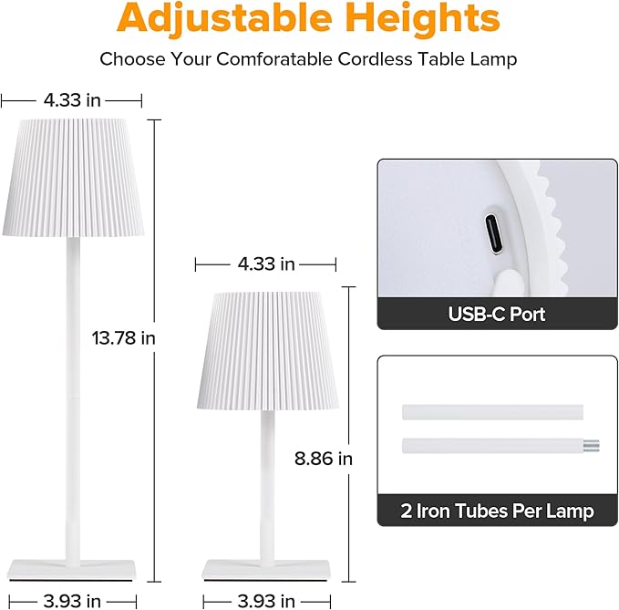 LUTEC 2 Pack Cordless Table Lamp,6000mAh Rechargeable Battery Operated Desk Lamp,Two Adjustable Heights,Waterproof, Touch Control & 3 Color Stepless Dimming for Restaurant/Bedroom/Bars/Outdoor (White)
