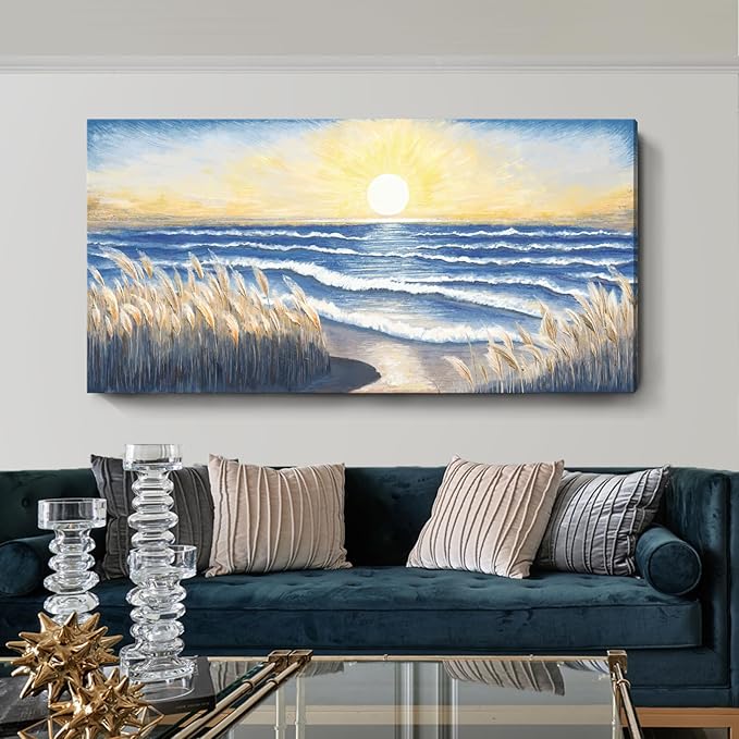 Large Canvas Wall Art for Living Room Blue Ocean Beach Sunset Sea Waves Nature Landscape Seascape Painting Seaside Reeds Pictures Seashore Coastal Serene Artwork for Home Lake Bedroom Office 60x30inch