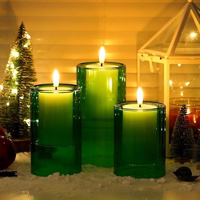 NURADA Flameless Candles with Remote Timer - Glass Holder Real Wax 3D Wick LED Pillar Votive Candle Set Battery Operated Flickering Light for St Patricks Day Home Decor-Green 3 Pack