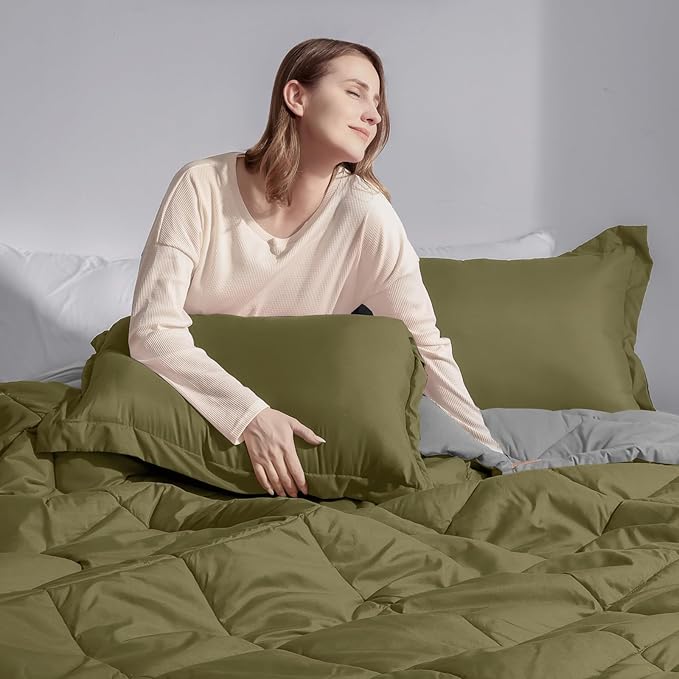 Basic Beyond California King Comforter Set, Olive Green/Charcoal Comforter Set Cali King for All Seasons, 1 Comforter 104"x96" and 2 Pillow Shams 20"x36"+2"