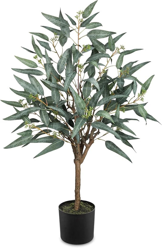 Briful Artificial Eucalyptus Tree Realistic Potted Dutch Faux Eucalyptus Tree in Black Pot 3ft Porch Floor Fake Tree for Home Decor Indoor Outdoor Farmhouse Wedding